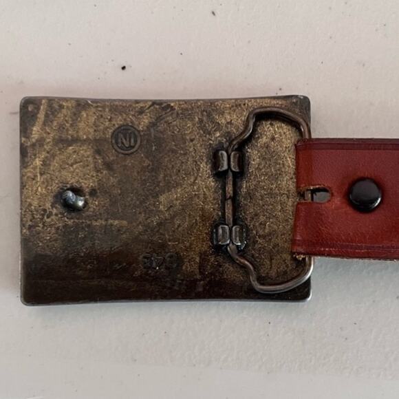 Vintage Scrimshaw Leather and Brass Belt Buckle Sailboat Clipper Ship 36” Belt - Picture 4 of 8